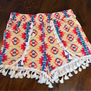 Merigold Kiss Aztec Tribal Print Shorts – Tassel Trim Boho Festival